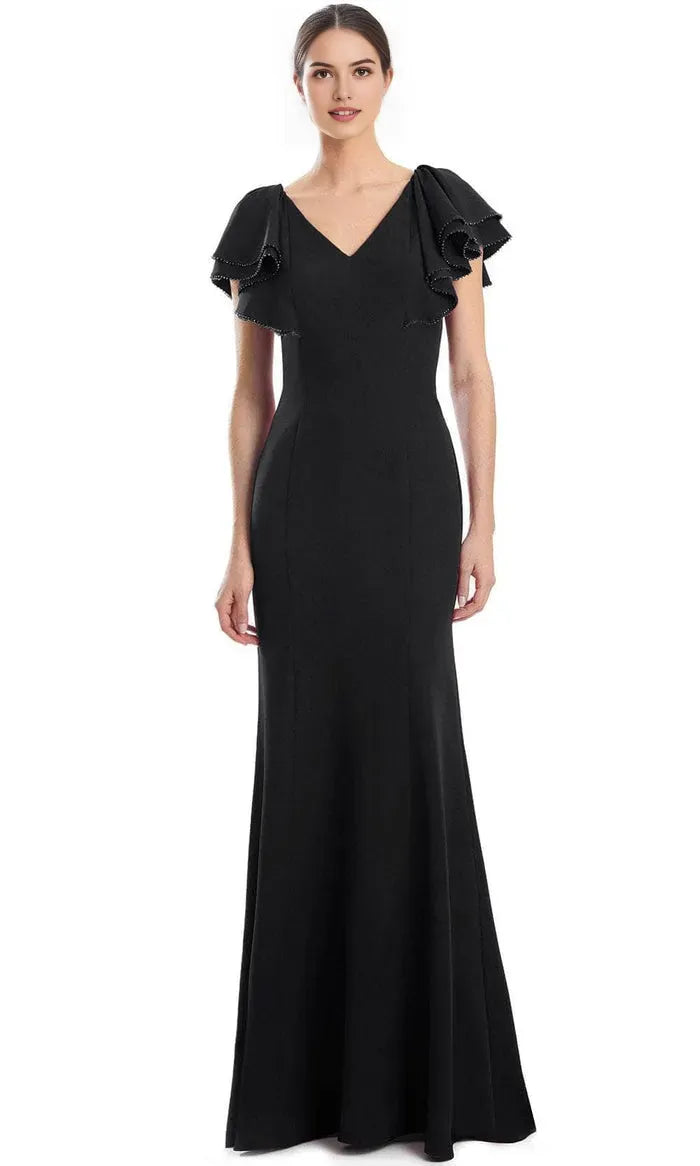 Black Mermaid Evening Gown with V Neckline Ruffled Flutter Sleeves Adorned with Delicate Trim and Figure Hugging Silhouette for Formal Galas and Special Occasions