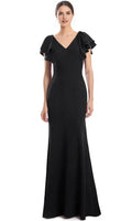 Black Mermaid Evening Gown with V Neckline Ruffled Flutter Sleeves Adorned with Delicate Trim and Figure Hugging Silhouette for Formal Galas and Special Occasions