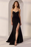 Black Mermaid Halter Neck Spaghetti Straps Crisscross Floor-Length Prom Dresses with Slit
