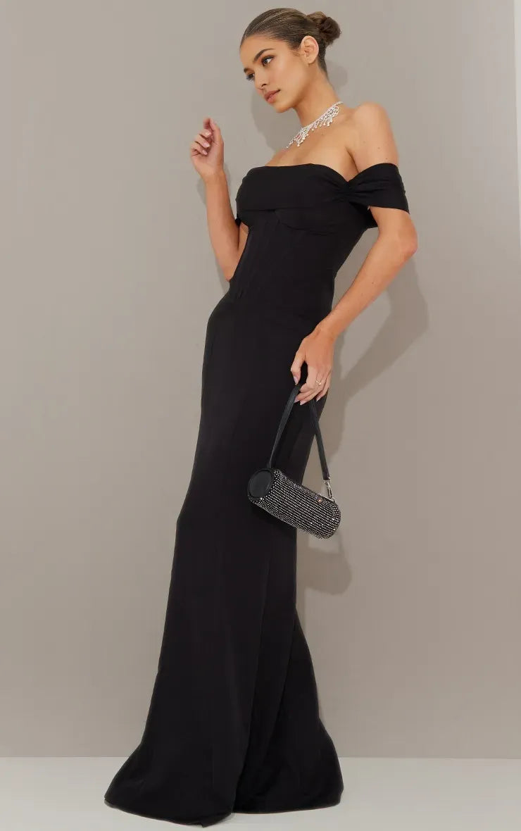 Black Mermaid Off-Shoulder Sleeveless Pleated Back Zip Floor-Length Prom Dresses