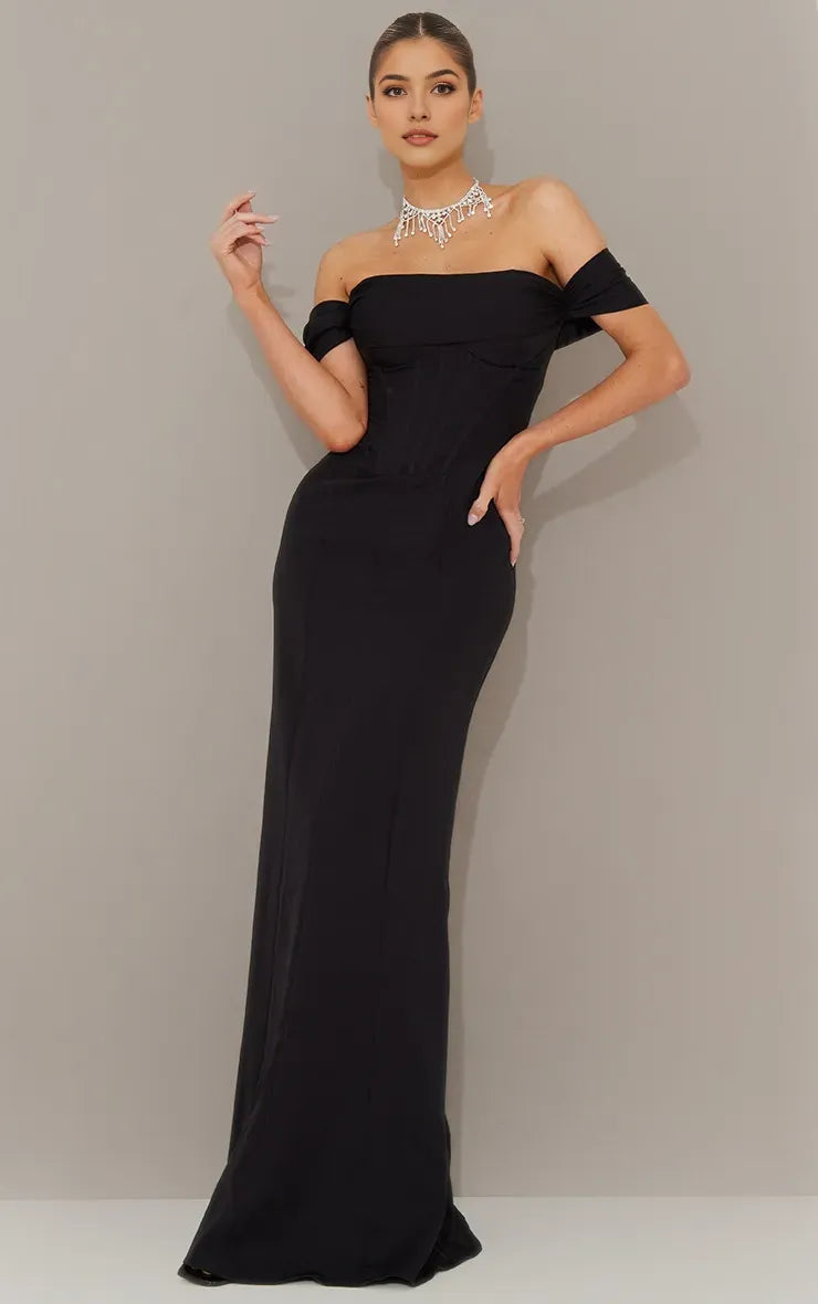 Black Mermaid Off-Shoulder Sleeveless Pleated Back Zip Floor-Length Prom Dresses