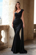 Black Mermaid One-Shoulder Sleeveless Back Zip Ruched Bodice Draped Floor-Length Prom Dress with Side Cape