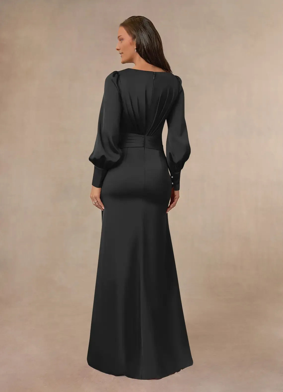 Black Mermaid Pleated Mother of the Bride Dress with Wrap - Style Ruched Bodice Lantern Sleeves and Accent