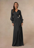 Black Mermaid Pleated Mother of the Bride Dress with Wrap - Style Ruched Bodice Lantern Sleeves and Accent