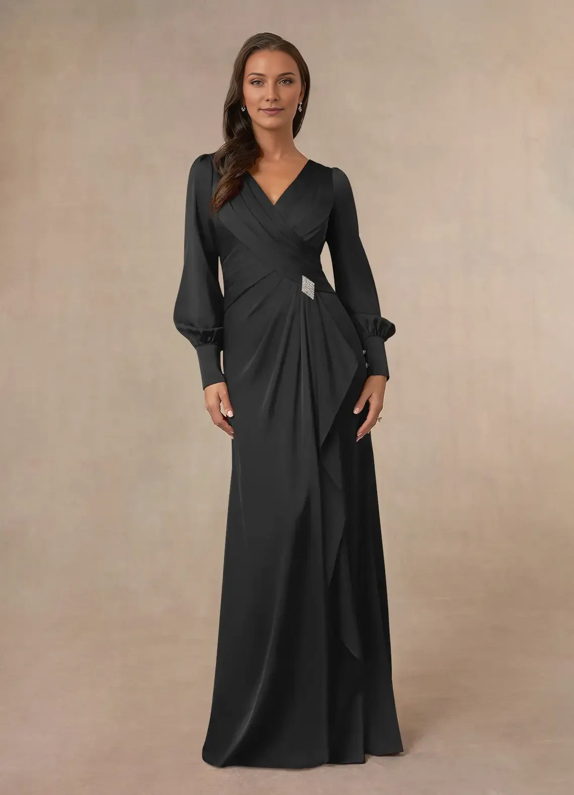 Black Mermaid Pleated Mother of the Bride Dress with Wrap - Style Ruched Bodice Lantern Sleeves and Accent