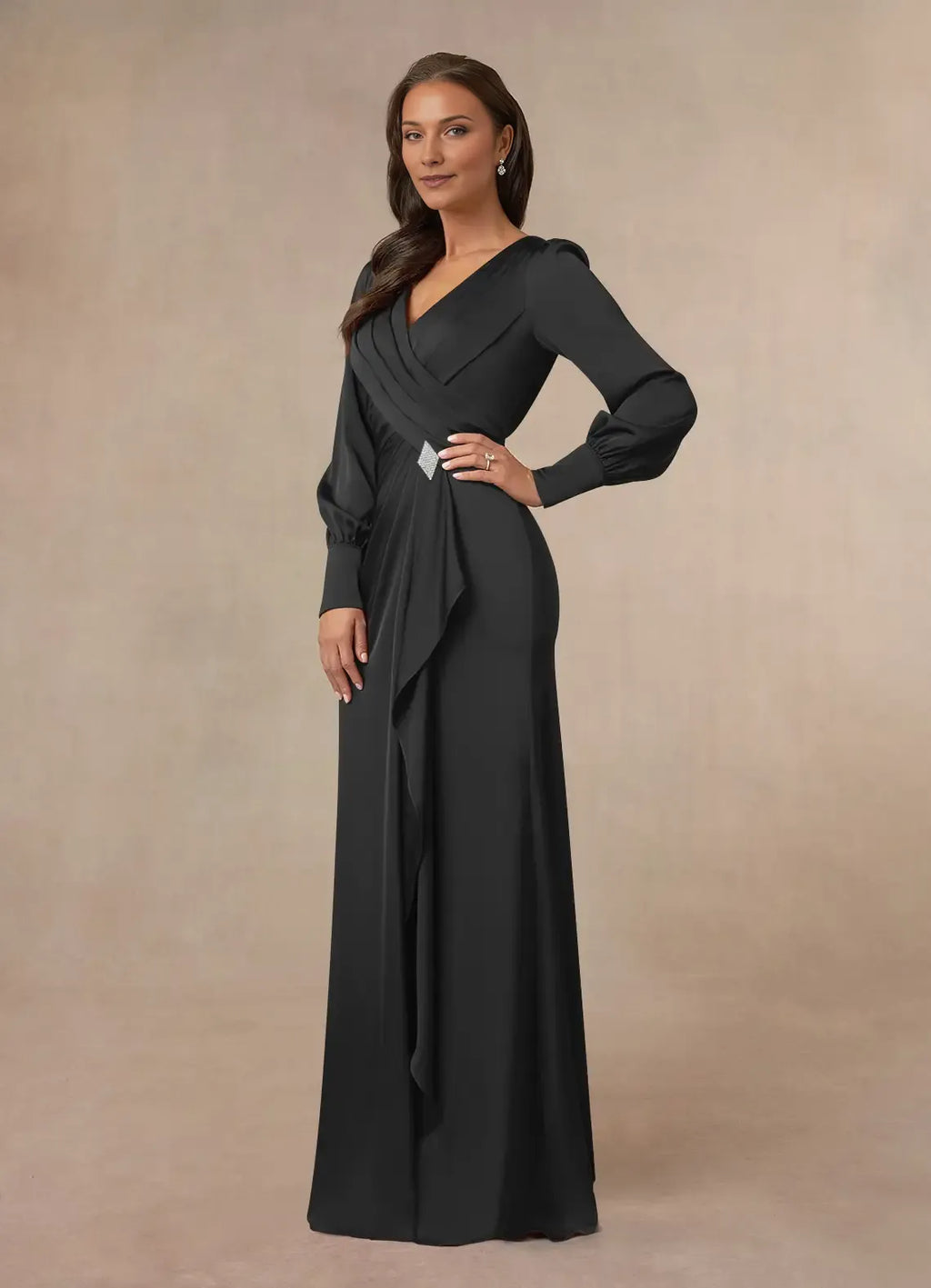 Black Mermaid Pleated Mother of the Bride Dress with Wrap - Style Ruched Bodice Lantern Sleeves and Accent