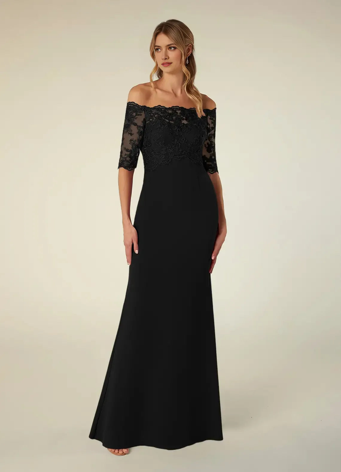 Black Mother of the Bride Dress Off - Shoulder Neckline Sheer 3/4 Sleeves Bodice Mermaid Silhouette