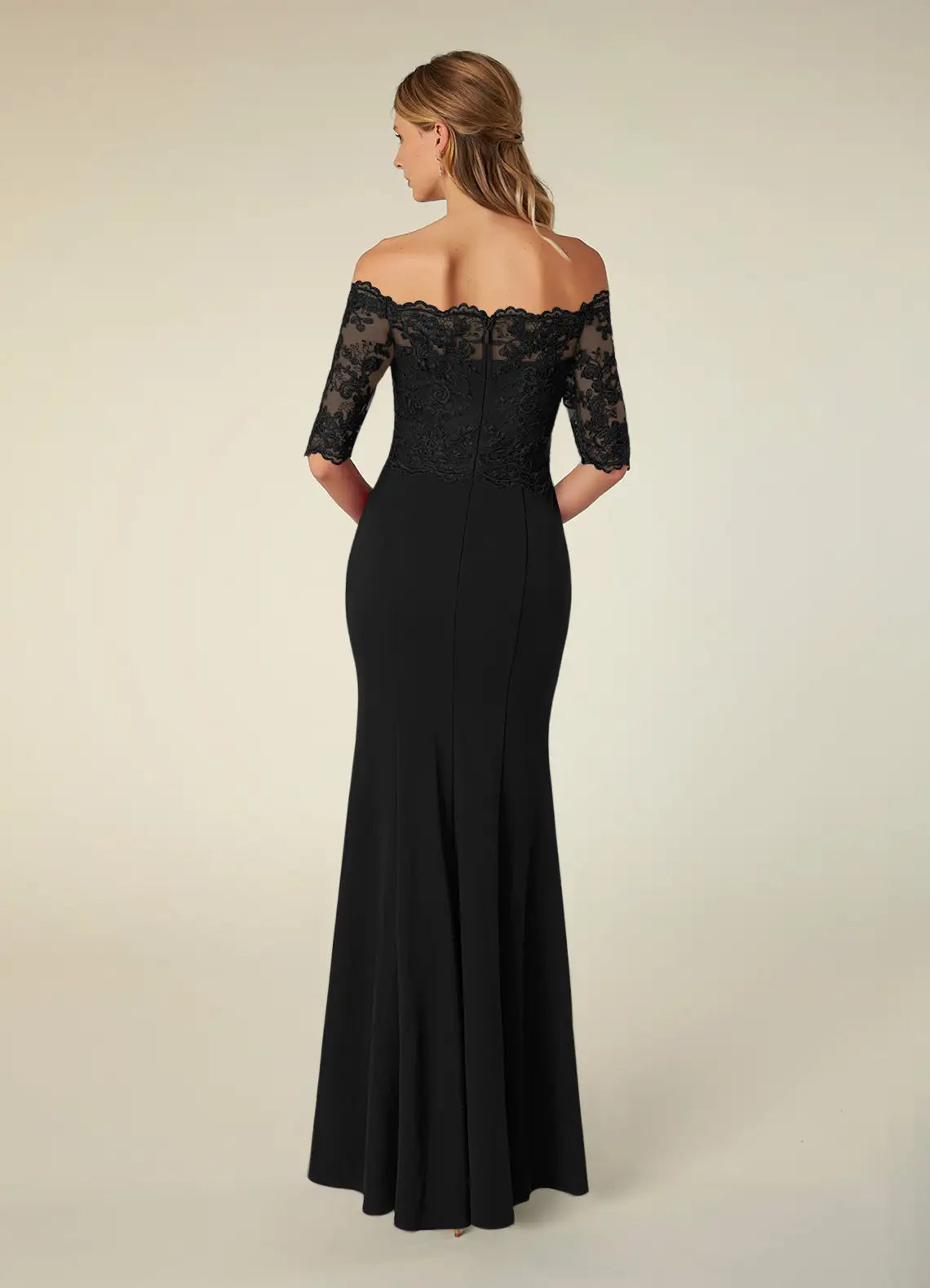 Black Mother of the Bride Dress Off - Shoulder Neckline Sheer 3/4 Sleeves Bodice Mermaid Silhouette
