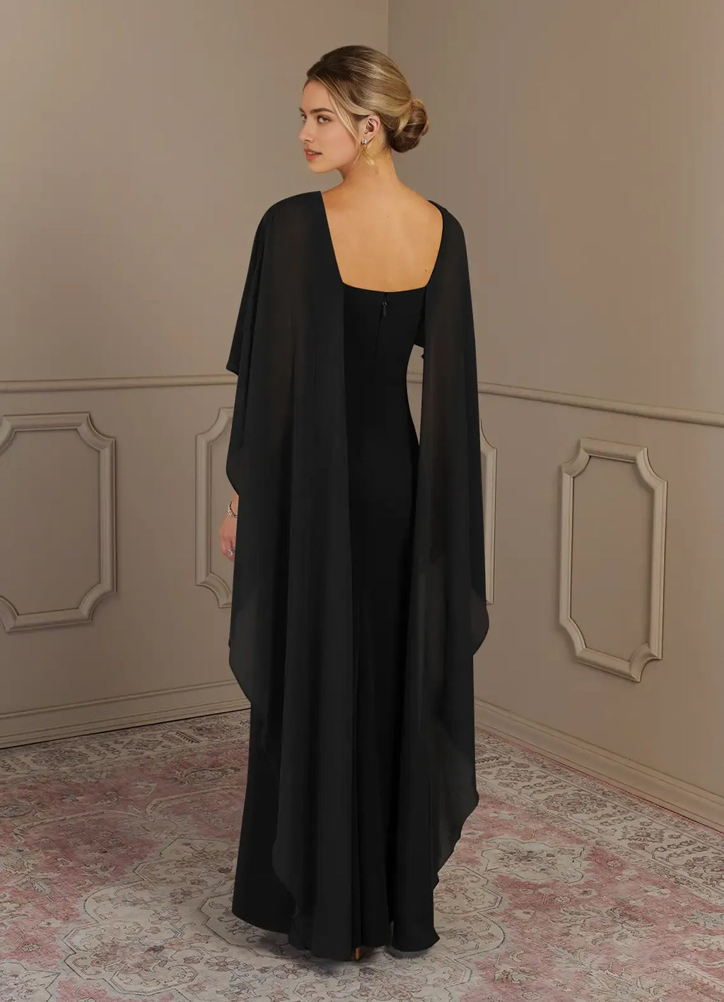 Black Mother of the Bride Dress with Cape Sleeves Floor Length Silhouette