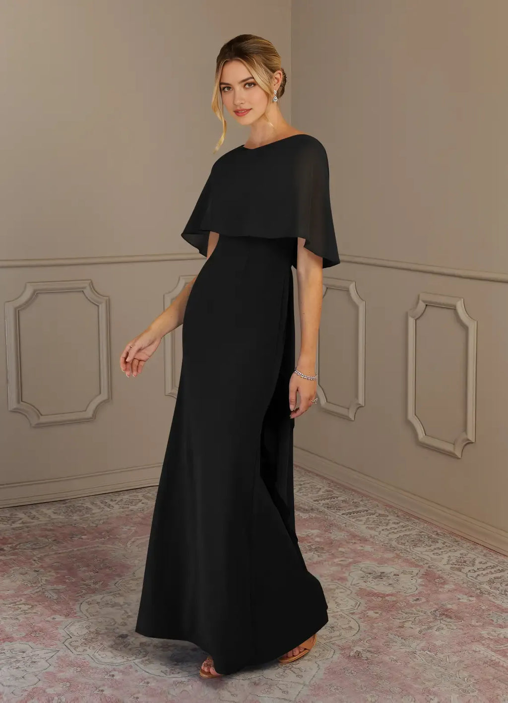 Black Mother of the Bride Dress with Cape Sleeves Floor Length Silhouette