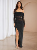 Black Off - Shoulder Panel Maxi Dress with Side Slit - Formal Evening Gown for Prom & Dance Events