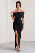 Black Off - Shoulder Prom Dress with Bow Detail Ruched Side High Slit for Formal Evening Events