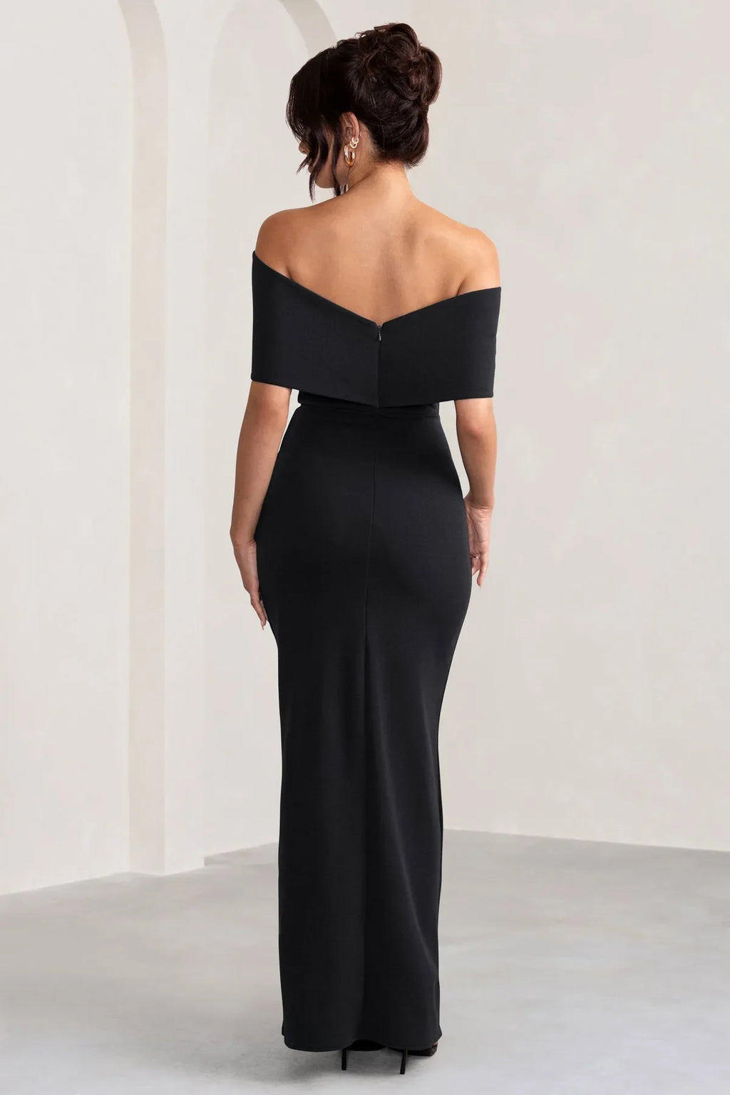 Black Off Shoulder Prom Dresses with Bow Detail Ruched Skirt and High Side Slit Perfect for Proms and Formal Galas