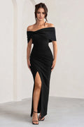 Black Off Shoulder Prom Dresses with Bow Detail Ruched Skirt and High Side Slit Perfect for Proms and Formal Galas