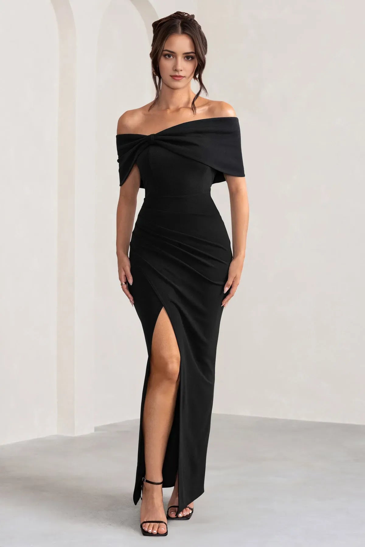 Black Off Shoulder Prom Dresses with Bow Detail Ruched Skirt and High Side Slit Perfect for Proms and Formal Galas