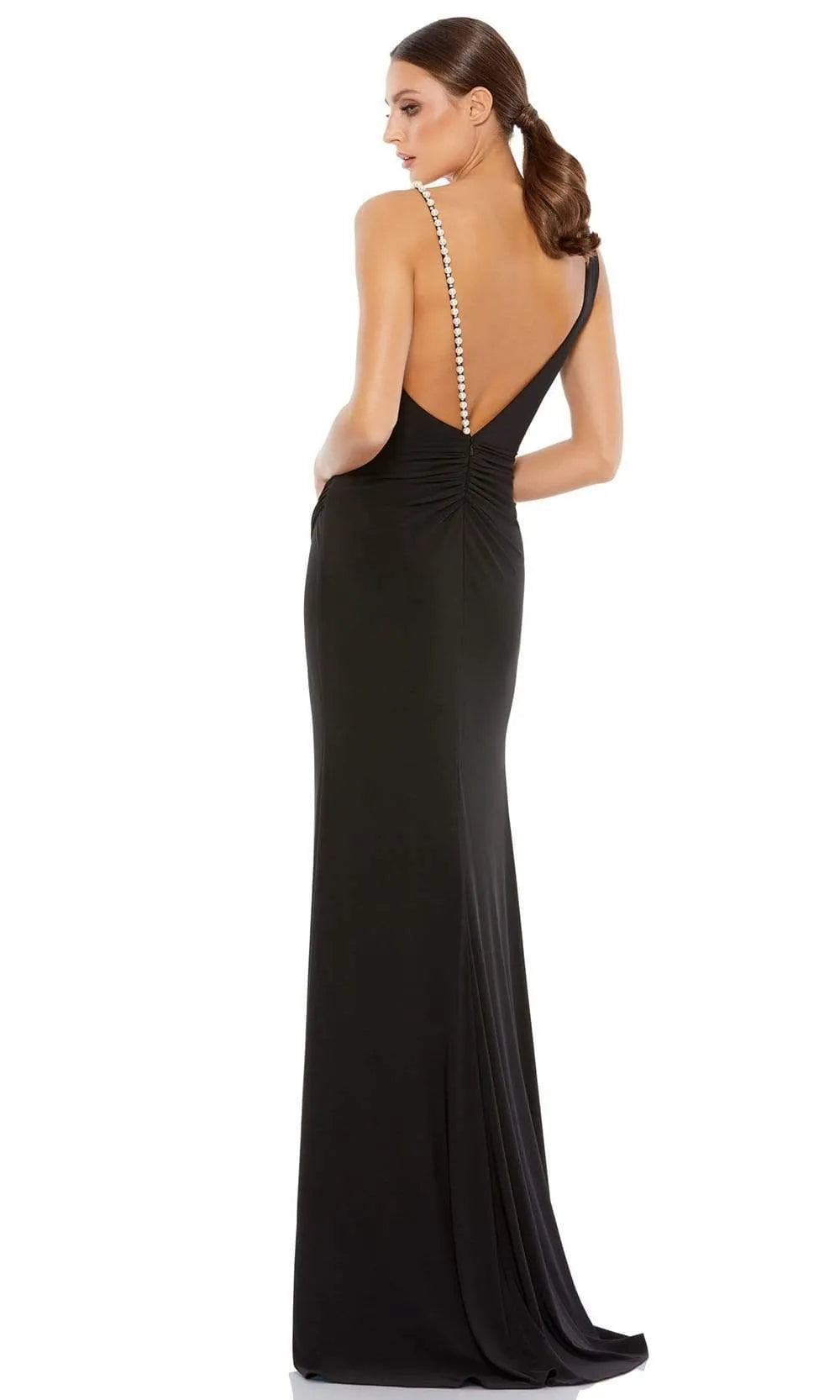 Black One - Shoulder Pearl Accented Prom Dress with Deep V Neck and High Slit, Perfect for Formal Evening Events