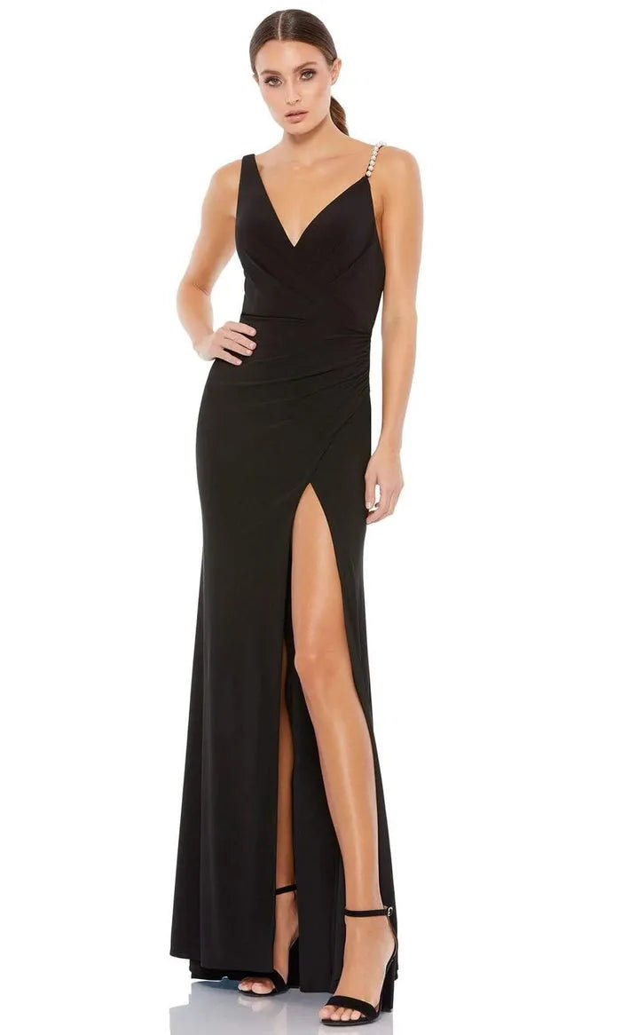 Black One - Shoulder Pearl Accented Prom Dress with Deep V Neck and High Slit, Perfect for Formal Evening Events