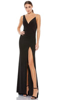 Black One - Shoulder Pearl Accented Prom Dress with Deep V Neck and High Slit, Perfect for Formal Evening Events