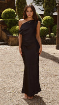 Black One - Shoulder Prom Dress with Draped Detail and Maxi Length