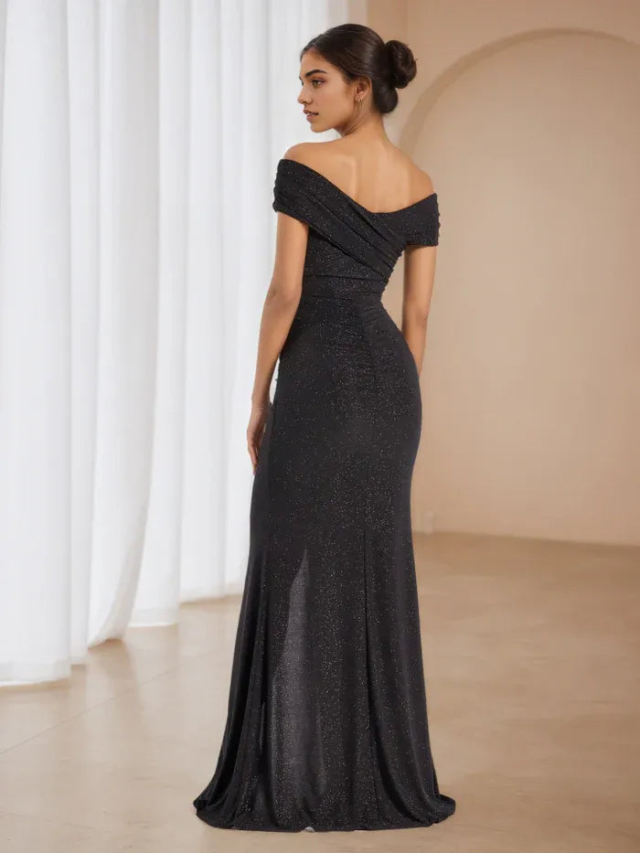 Black Prom Dresses Off - Shoulder Silhouette Side Slit for Memorable