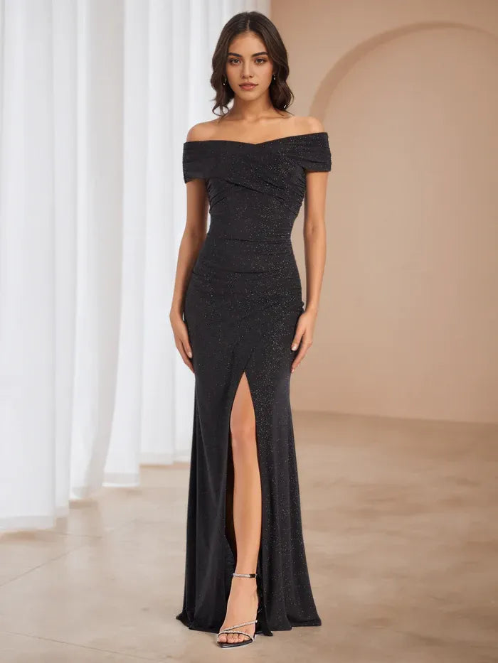 Black Prom Dresses Off - Shoulder Silhouette Side Slit for Memorable