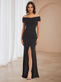 Black Prom Dresses Off - Shoulder Silhouette Side Slit for Memorable