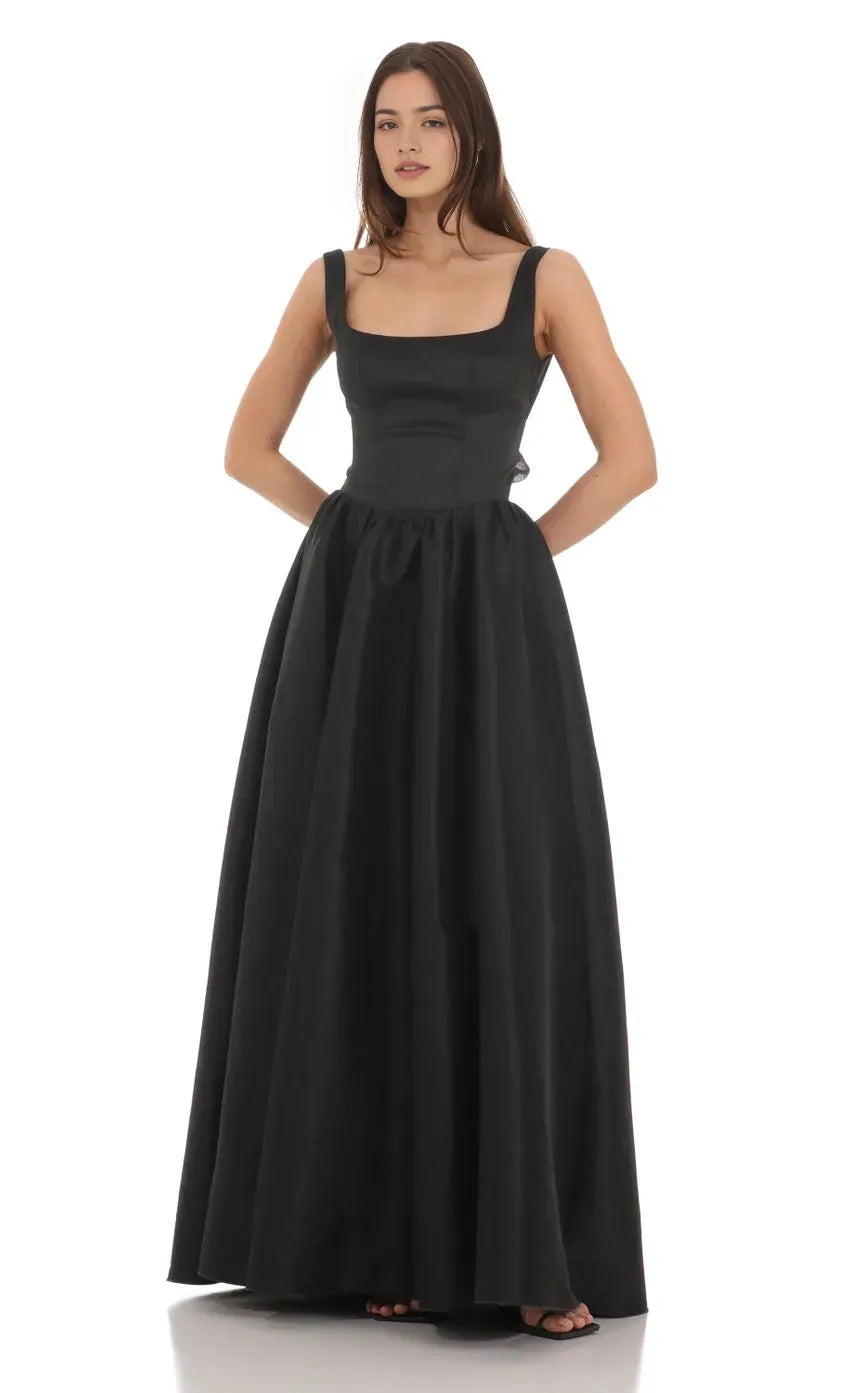 Black Prom Dress with Square Neckline Wide Straps and Ball Gown Silhouette Perfect for Formal Prom Nights