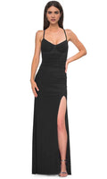 Black Ruched Spaghetti Strap Prom Dress with Plunging Neckline and High Side Slit Ideal for Formal Evening Occasions Like Proms and Galas