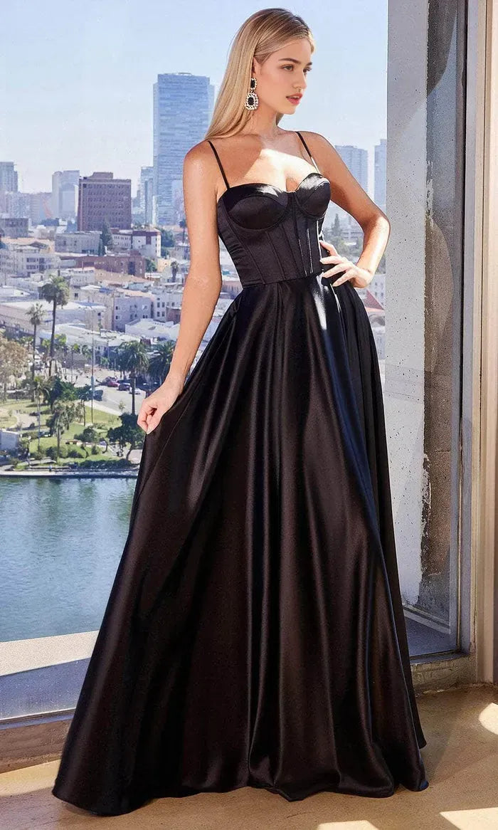 Black Ball Gown with Corset Bodice and Flowing Skirt for Formal Galas