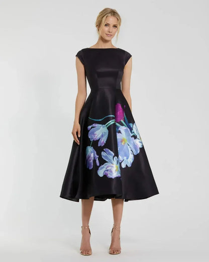 Timeless Special Occasion Sophisticated Graceful Elegant Black Satin A-Line Midi Prom Dress