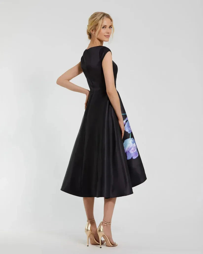 Timeless Special Occasion Sophisticated Graceful Elegant Black Satin A-Line Midi Prom Dress