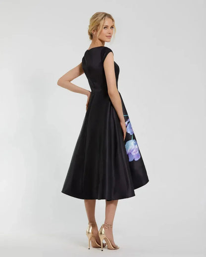 Timeless Special Occasion Sophisticated Graceful Elegant Black Satin A-Line Midi Prom Dress
