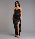 Black Cowl Neck Mermaid Spaghetti Strap Maxi Prom Dress with High Slit