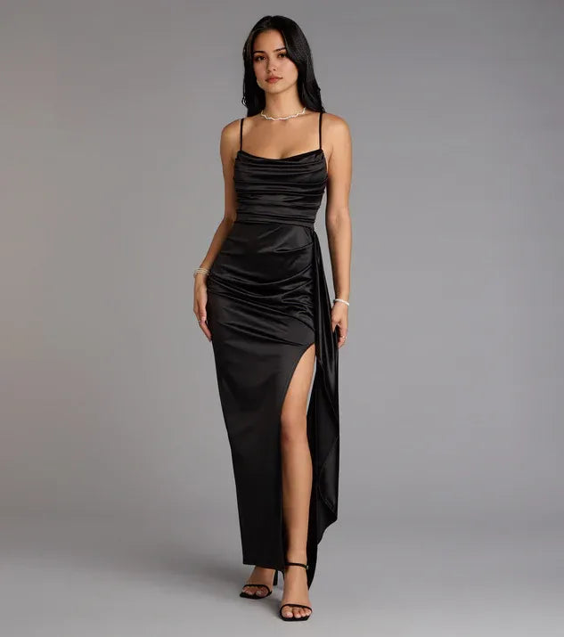 Black Cowl Neck Mermaid Spaghetti Strap Maxi Prom Dress with High Slit