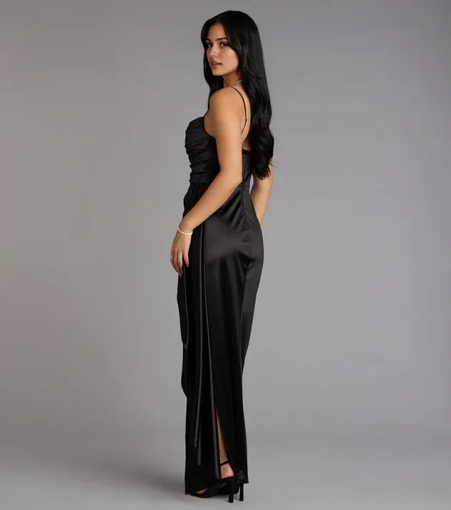 Black Cowl Neck Mermaid Spaghetti Strap Maxi Prom Dress with High Slit