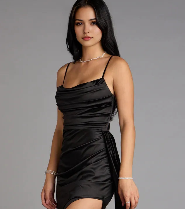 Black Cowl Neck Mermaid Spaghetti Strap Maxi Prom Dress with High Slit