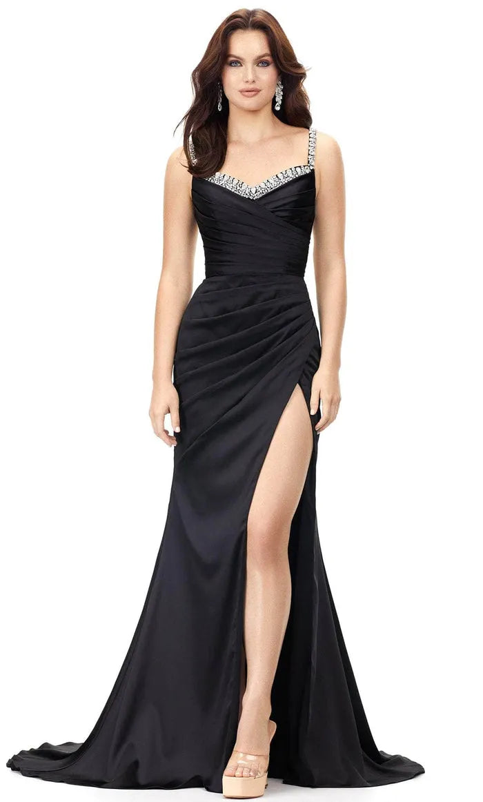 Black Evening Dresses with Crystal Neckline Ruched Bodice and High Side Slit for Formal Occasions