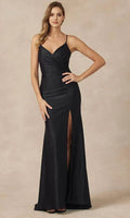 Black Evening Dresses with Spaghetti Straps Ruched Bodice High Side Slit