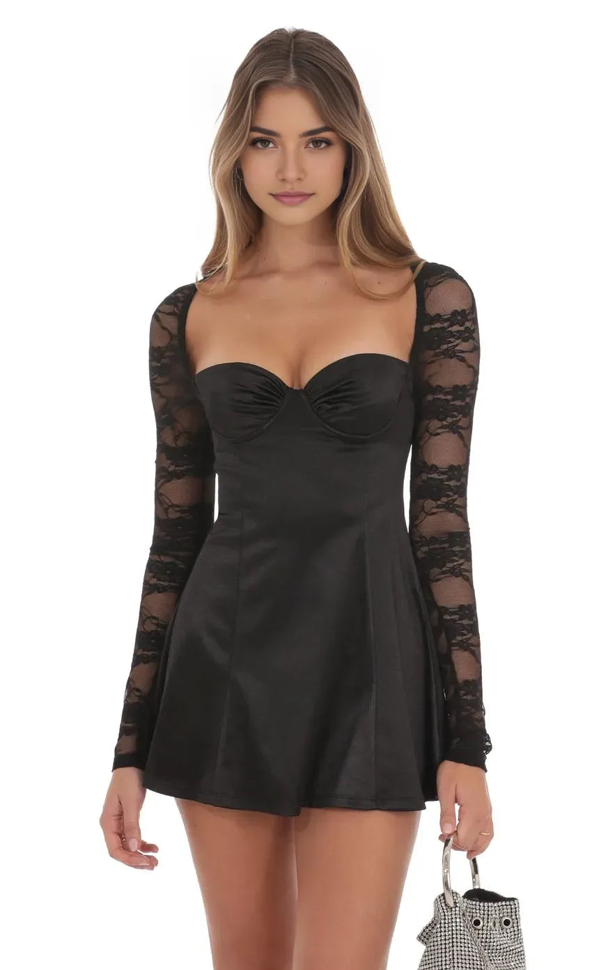 Black Homecoming Dress with Sweetheart Neckline Sheer Long Sleeves and Flared Skirt Perfect for School Dances