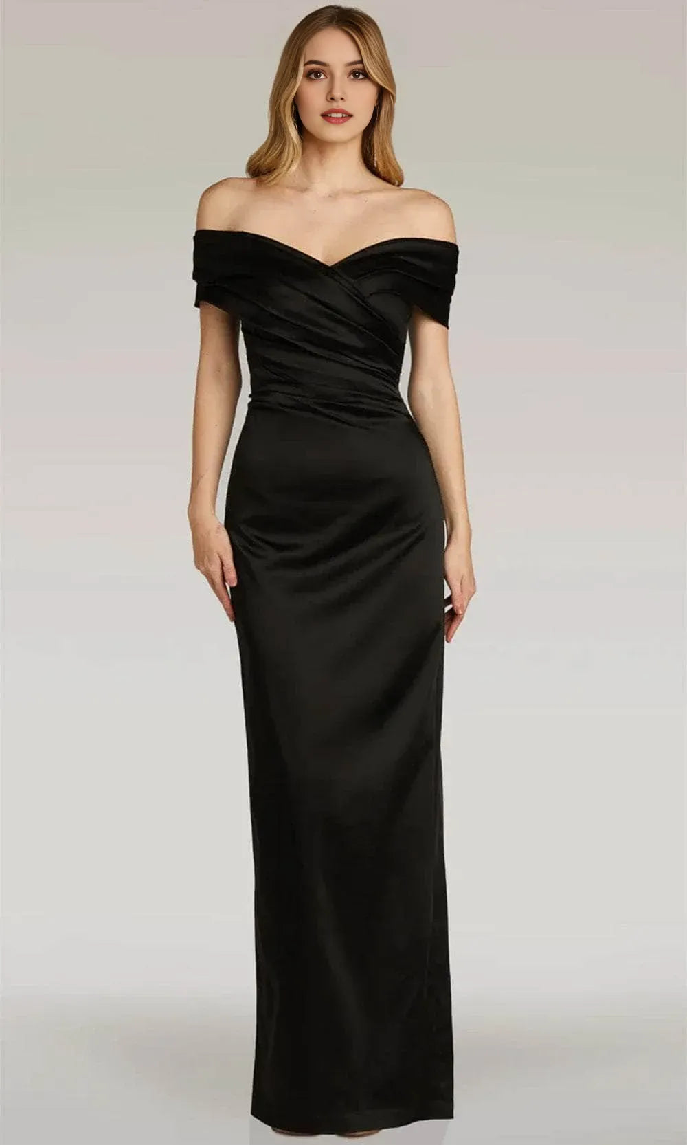 Black Off Shoulder Evening Dresses with Draped Bodice and Figure Hugging Silhouette Perfect for Formal Black Tie Weddings and Sophisticated
