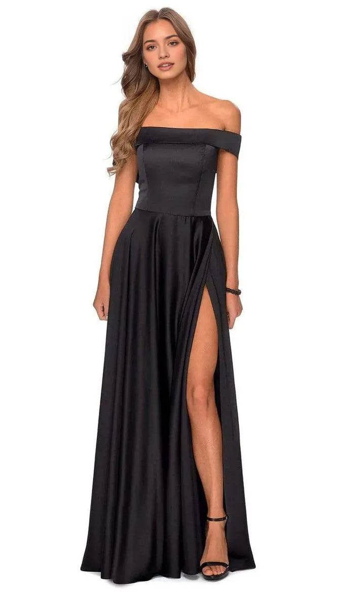 Black Off Shoulder Prom Dress with High Side Slit for Timeless Glamour