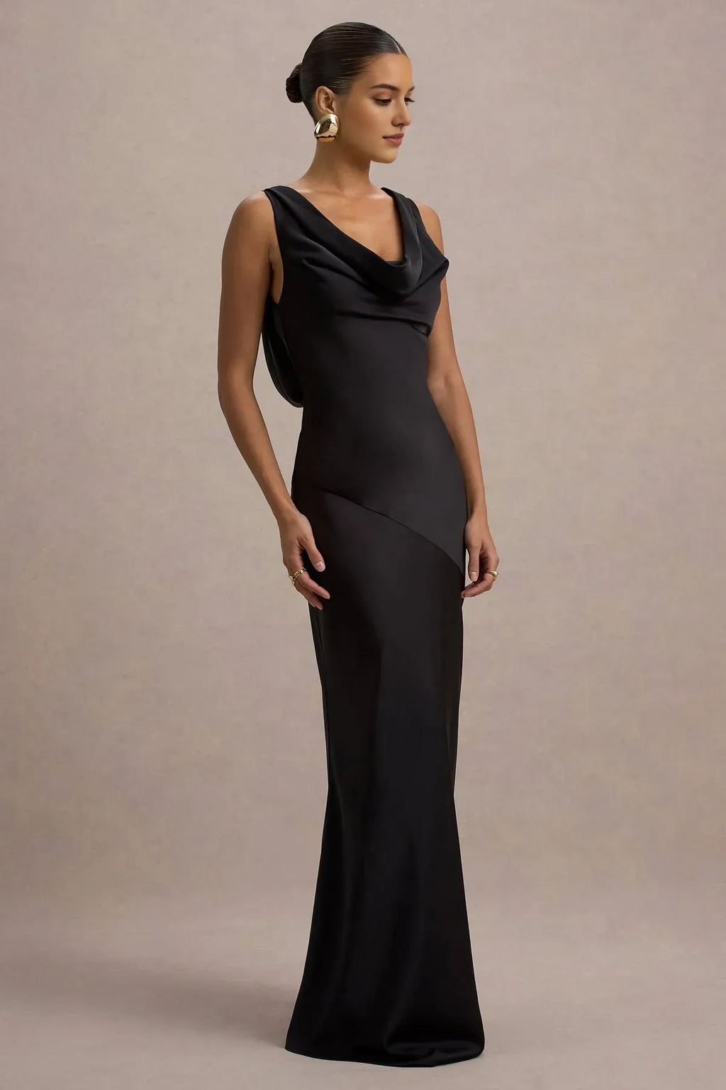 Black Prom Dress with Cowl Neckline and Asymmetric Drape Detail for Timeless Sophistication