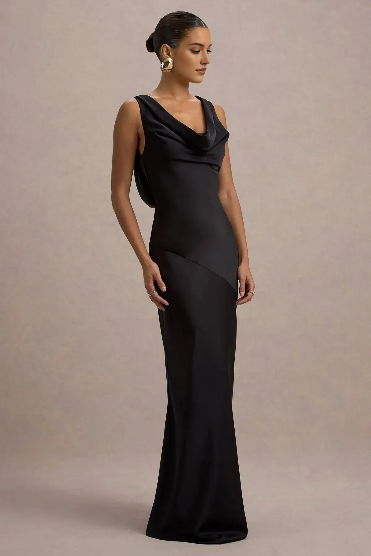 Black Prom Dress with Cowl Neckline and Asymmetric Drape Detail for Timeless Sophistication