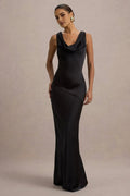 Black Prom Dress with Cowl Neckline and Asymmetric Drape Detail for Timeless Sophistication