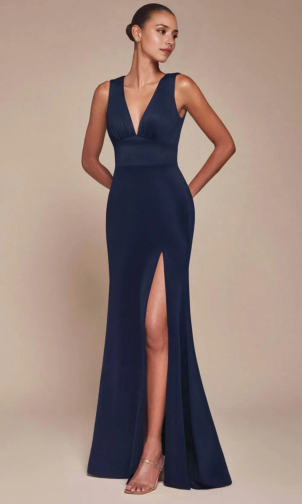 Black Prom Dress with Deep V Neckline Ruched Bodice and High Side Slit for Formal Evening Events
