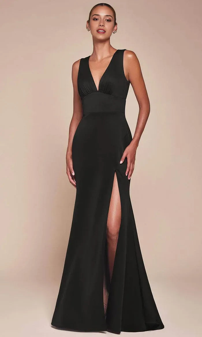 Black Prom Dress with Deep V Neckline Ruched Bodice and High Side Slit for Formal Evening Events