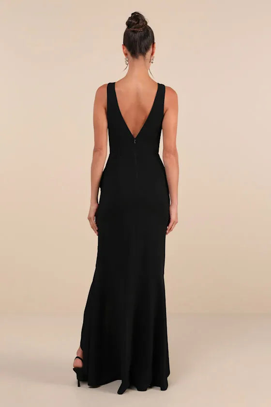 Black Prom Dress with Plunging V - Neckline Asymmetric Ruffle Wrap Detail and High Low Hem for Formal Occasions
