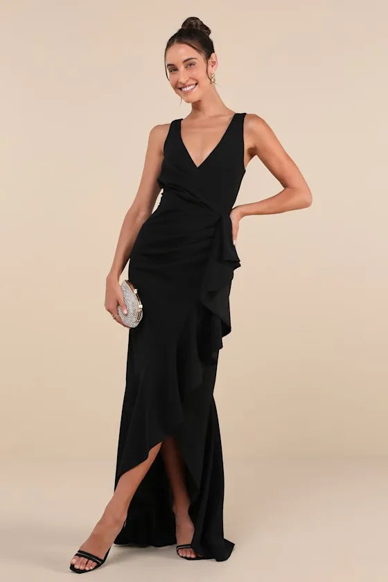 Black Prom Dress with Plunging V - Neckline Asymmetric Ruffle Wrap Detail and High Low Hem for Formal Occasions