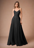 Black Prom Dress with Spaghetti Straps Sweetheart Neckline and Flowy A - Line Skirt