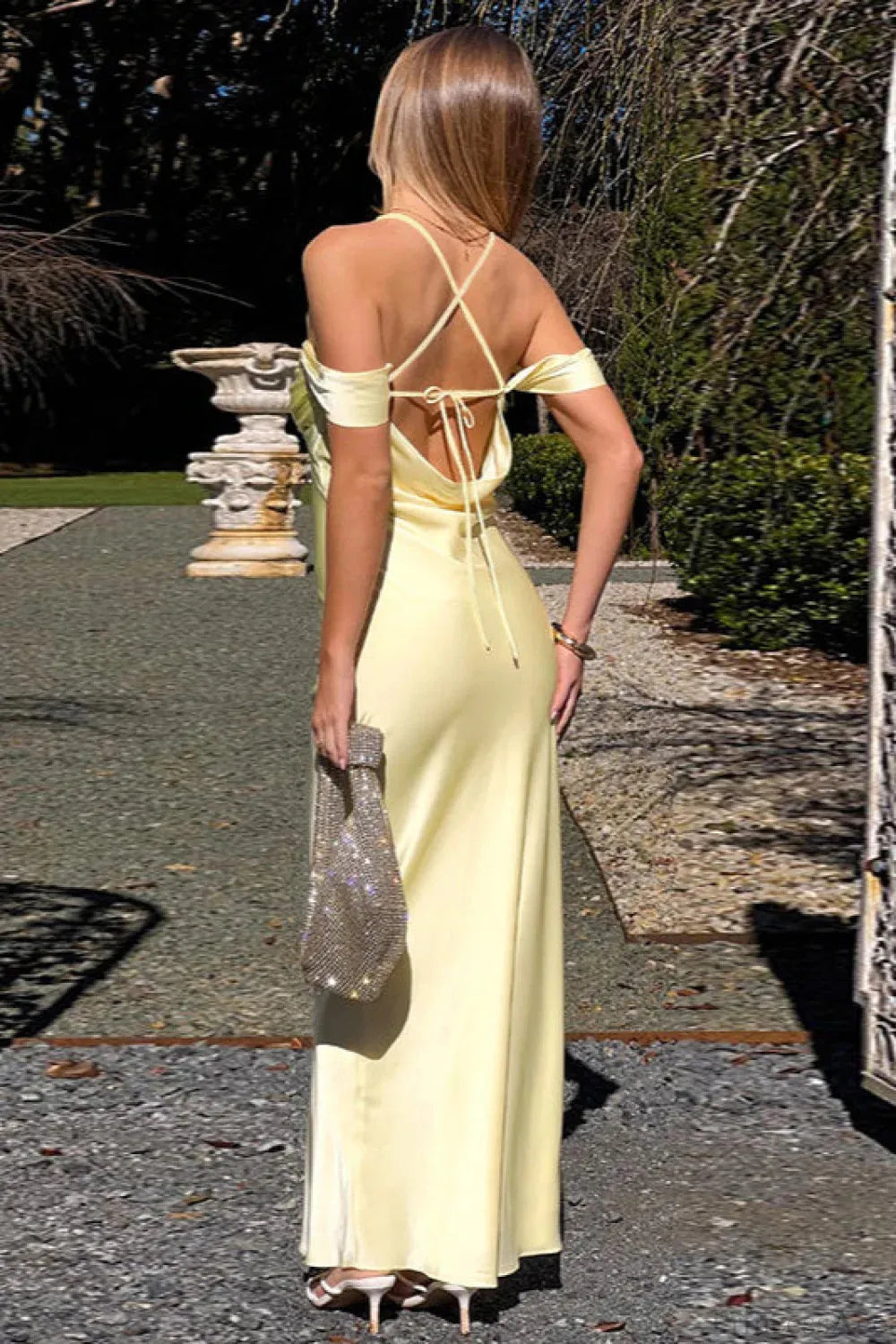 Black Sheath Off-The-Shoulder Sleeveless Crisscross Back Floor-Length Prom Dresses